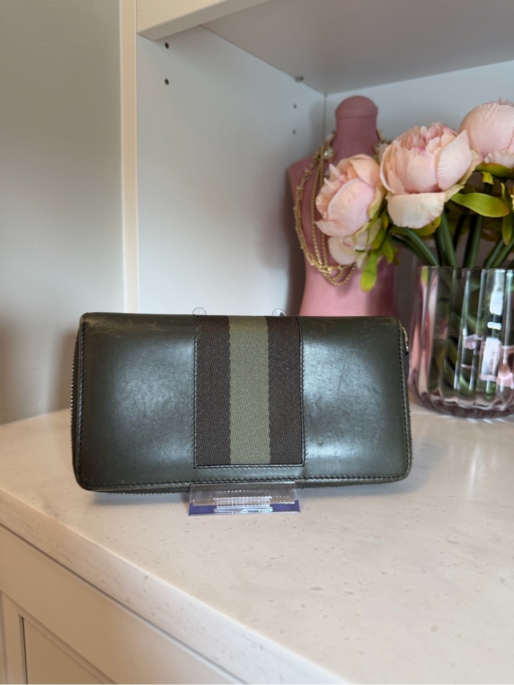 Gucci Olive and Dark Brown Stripe Zip Wallet